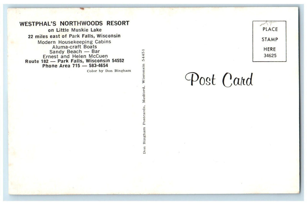 Westphal's Northwood Resort Little Muskie Lake Park Falls Wisconsin WI Postcard