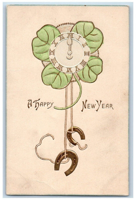 c1910's New Year Holly Leaf Cuckoo Clock Horseshoe Embossed Antique Postcard