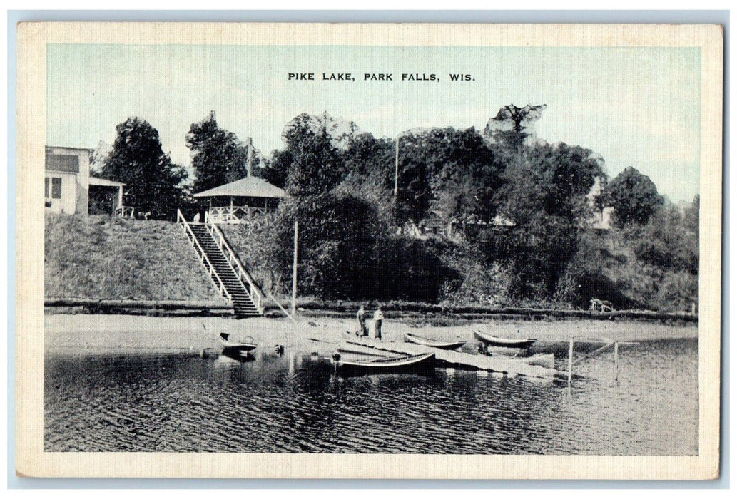 c1930's Pike Lake Park Falls Pavilion Boat Scene Wisconsin WI Vintage Postcard