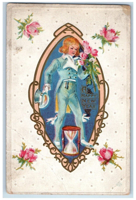 1915 New Year Boy With Roses Flowers Hourglass Embossed Chicago IL Postcard