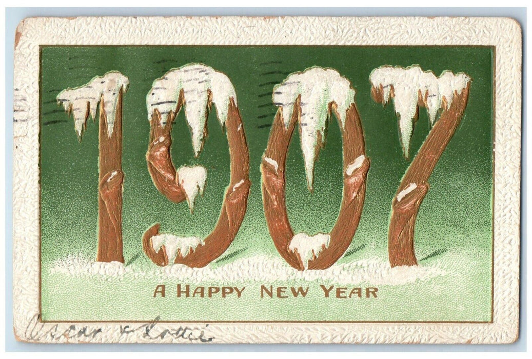 1906 New Year Snow Large Numbers Embossed New York NY Posted Antique Postcard