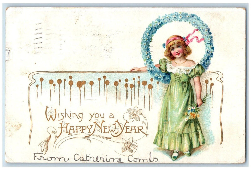 1906 New Year Girl Whreath Pansies Flowers Embossed Rochester NY Postcard