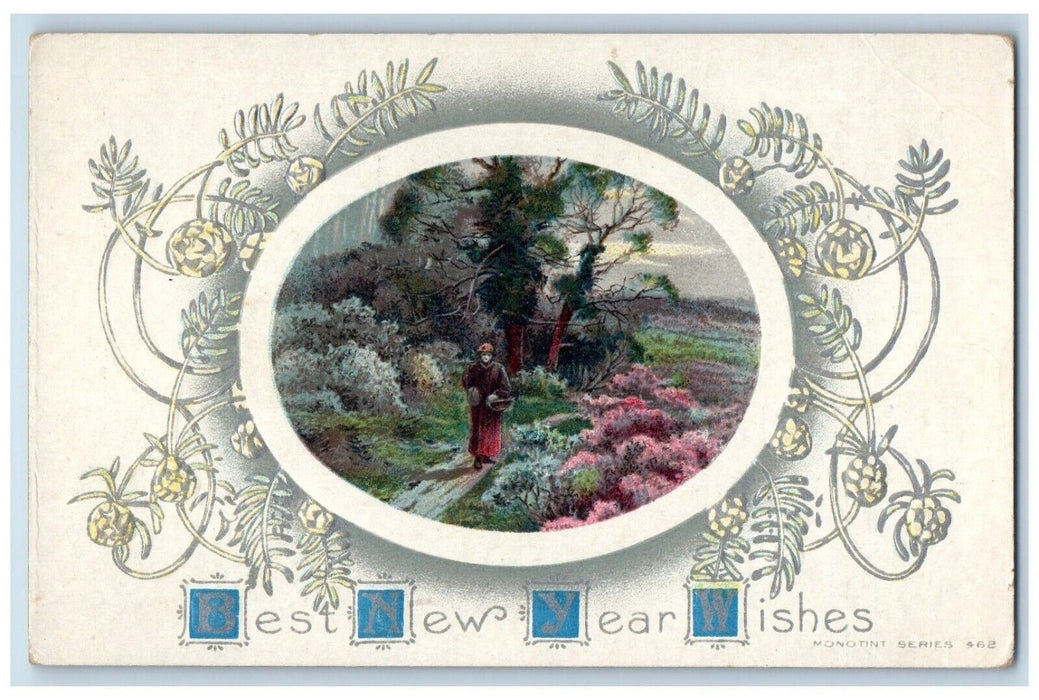 1917 New Year Holly Woman Walking Pink Flowers Winter Embossed Antique Postcard