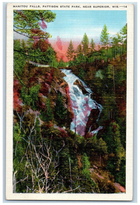 View OF Manitou Falls Pattison State Park Superior Wisconsin WI Vintage Postcard