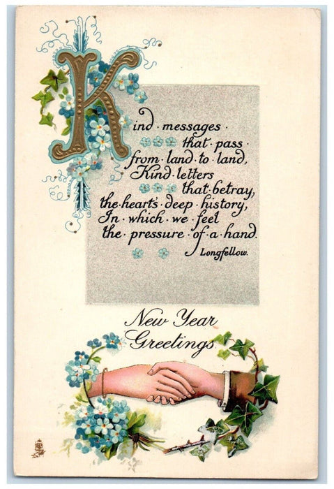 c1910's New Year Greetings Message Handshake Pansies Ivy Leaf Tuck's Postcard