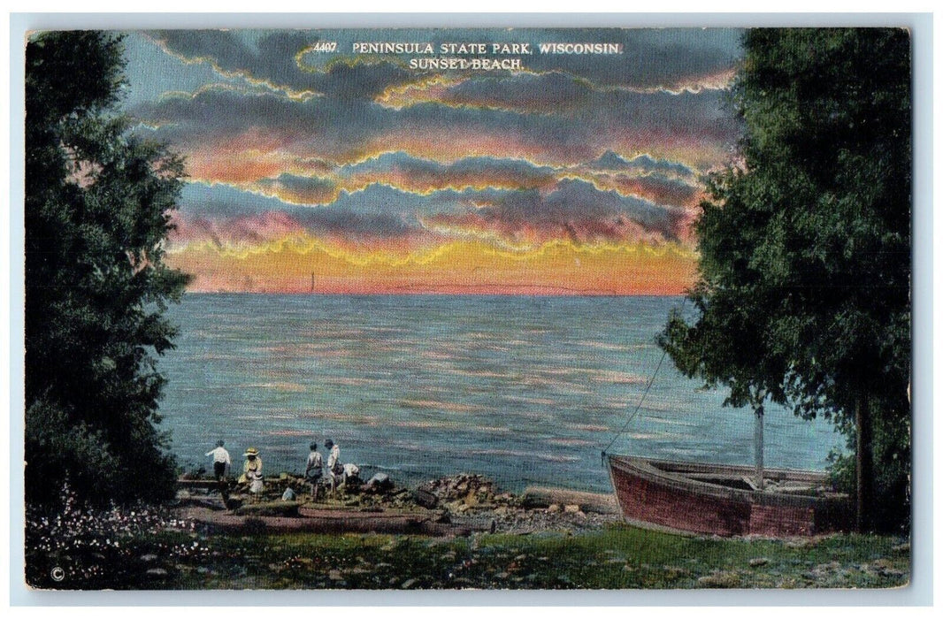 Sunset Beach Boat Trees Scene Peninsula State Park Wisconsin WI Vintage Postcard