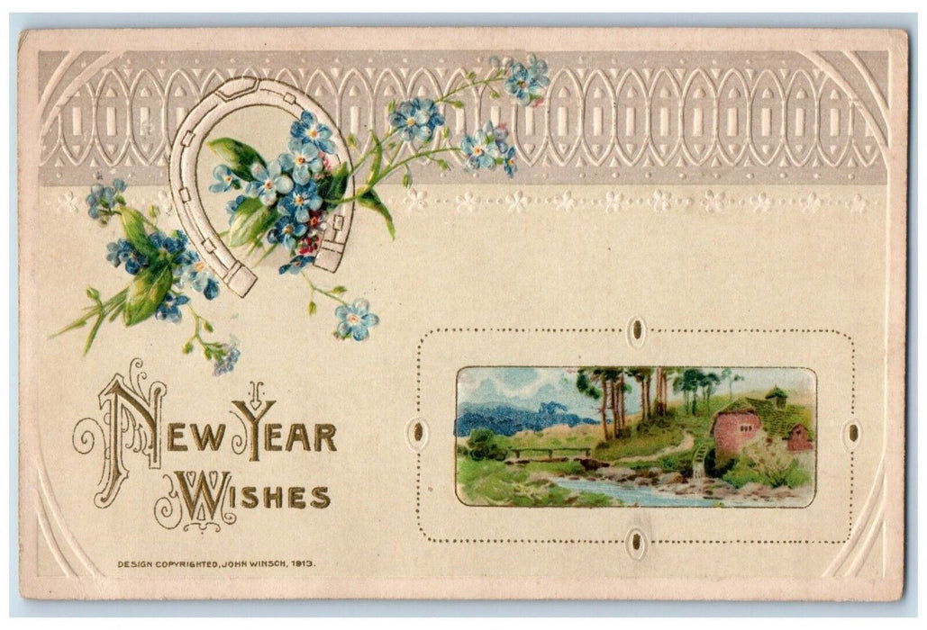 New Year Horseshoe Pansies Flowers Mill John Winsch Artists Signed Postcard