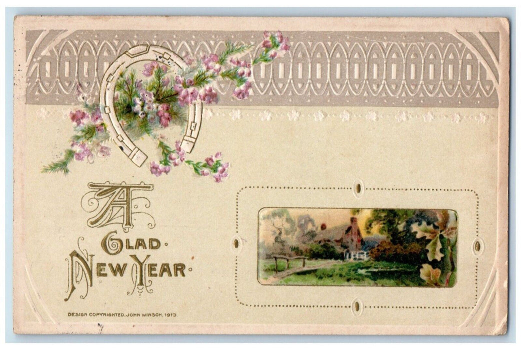 1914 New Year Horseshoe Pink Pansies Flowers John Winsch Beloit KS Postcard