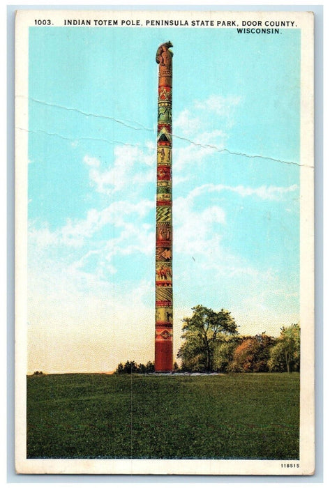 Indian Totem Pole Door County Peninsula State Park Wisconsin WI Vintage Postcard