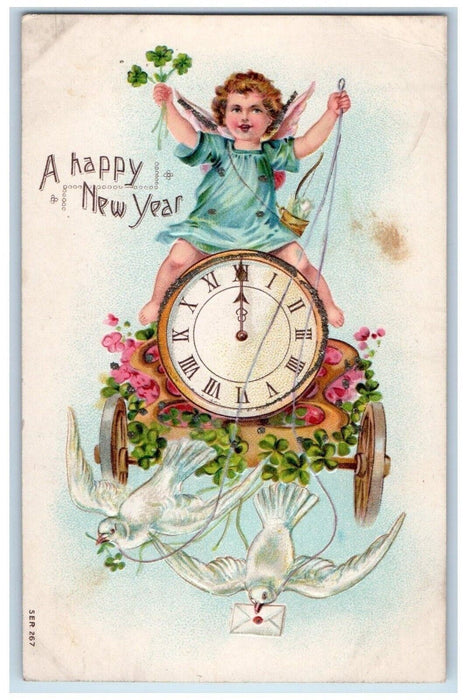 c1910's New Year Angel Shamrock Clock Shamrock Dove Letter Embossed Postcard
