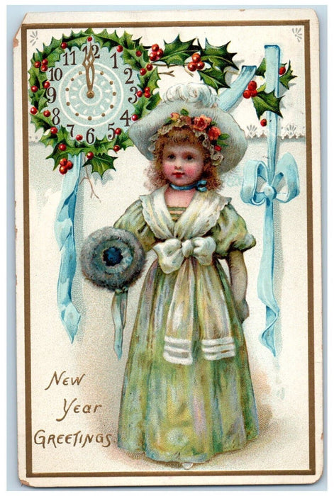 1908 New Year Greetings Girl Handwarmer Holly Clock Ribbon Tuck's Postcard