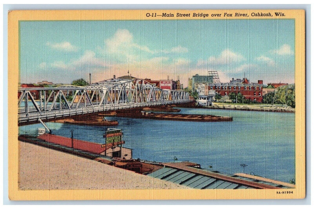 View Of Main Street Bridge Over Fox River Oshkosh Wisconsin WI Vintage Postcard