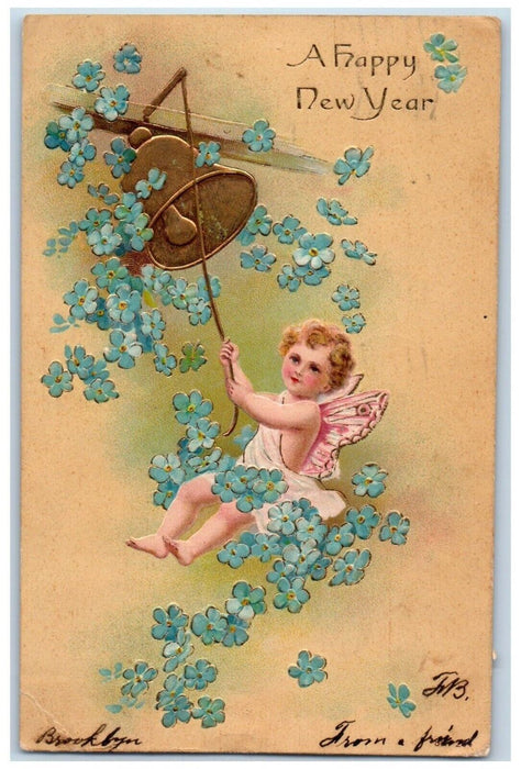 1907 New Year Angel Ringing Bell Pansies Flowers Embossed Antique Postcard