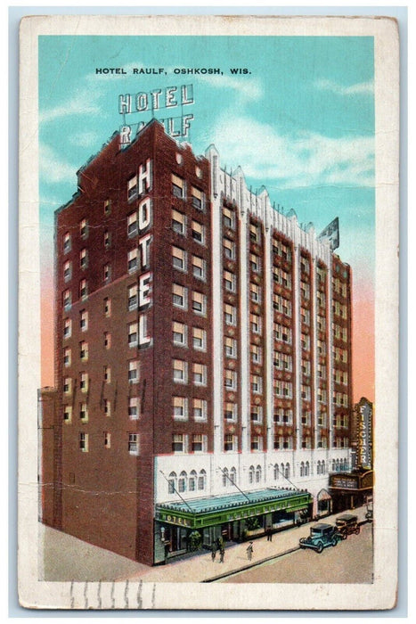 Hotel Raulf Building Exterior Cars Street Scene Oshkosh Wisconsin WI Postcard