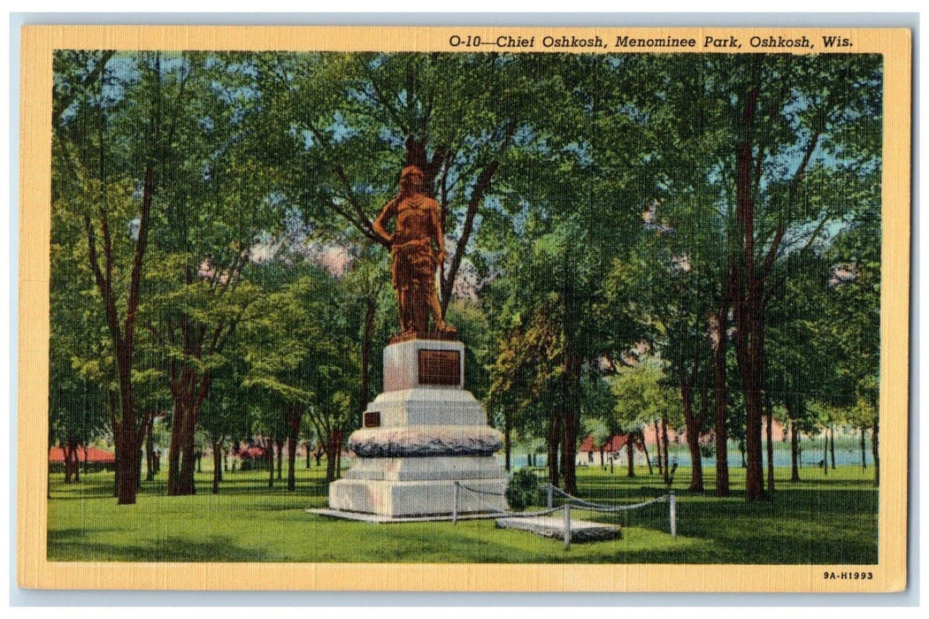 View Of Chief Oshkosh Menomonee Park Statue Monument Scene Wisconsin WI Postcard