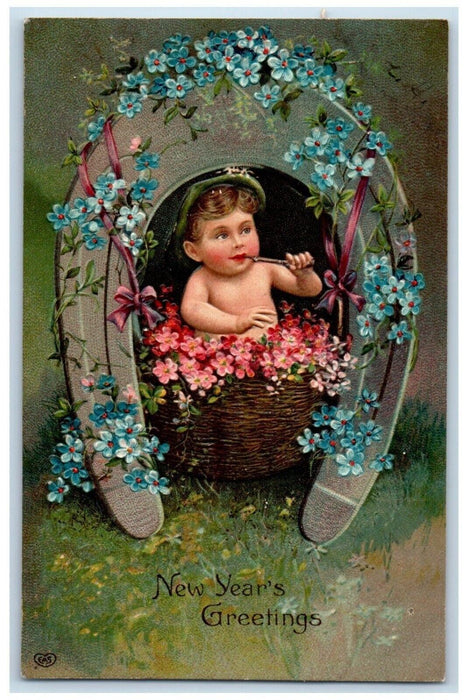 1908 New Year Greetings Baby In Basket Horseshoe Pansies Flowers Posted Postcard