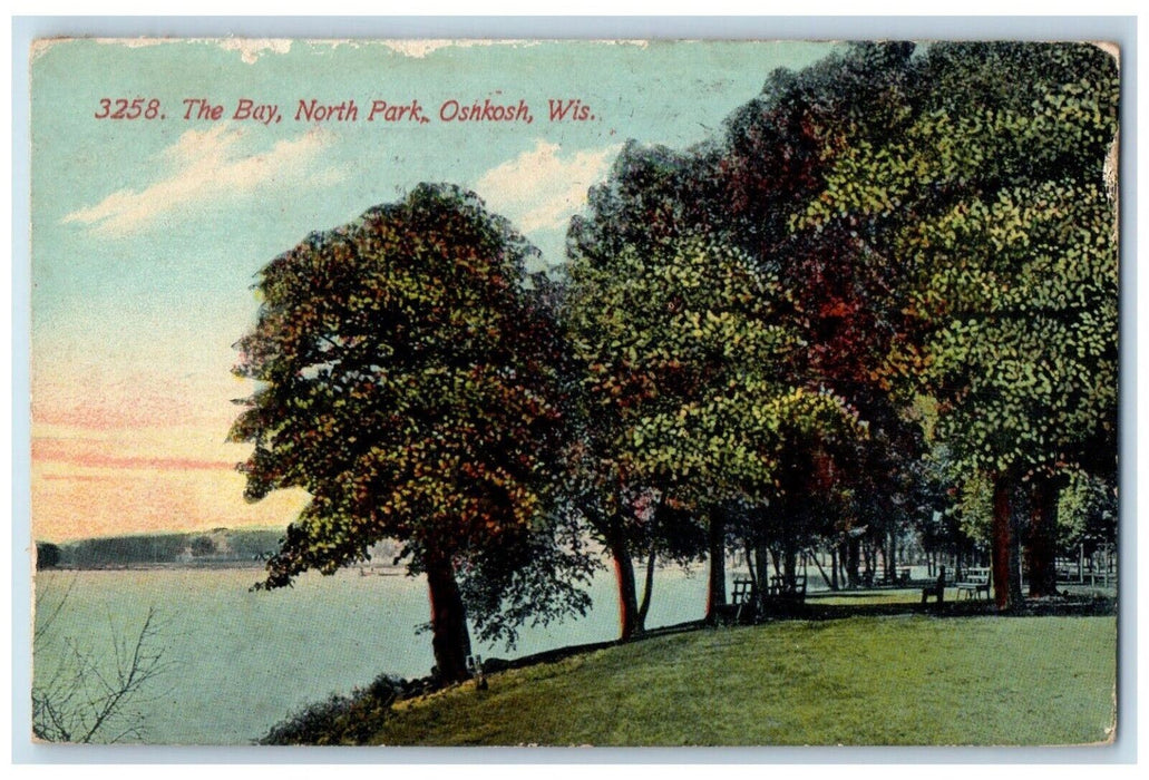 1911 The Bay North Park Trees Lake Scene Oshkosh Wisconsin WI Antique Postcard