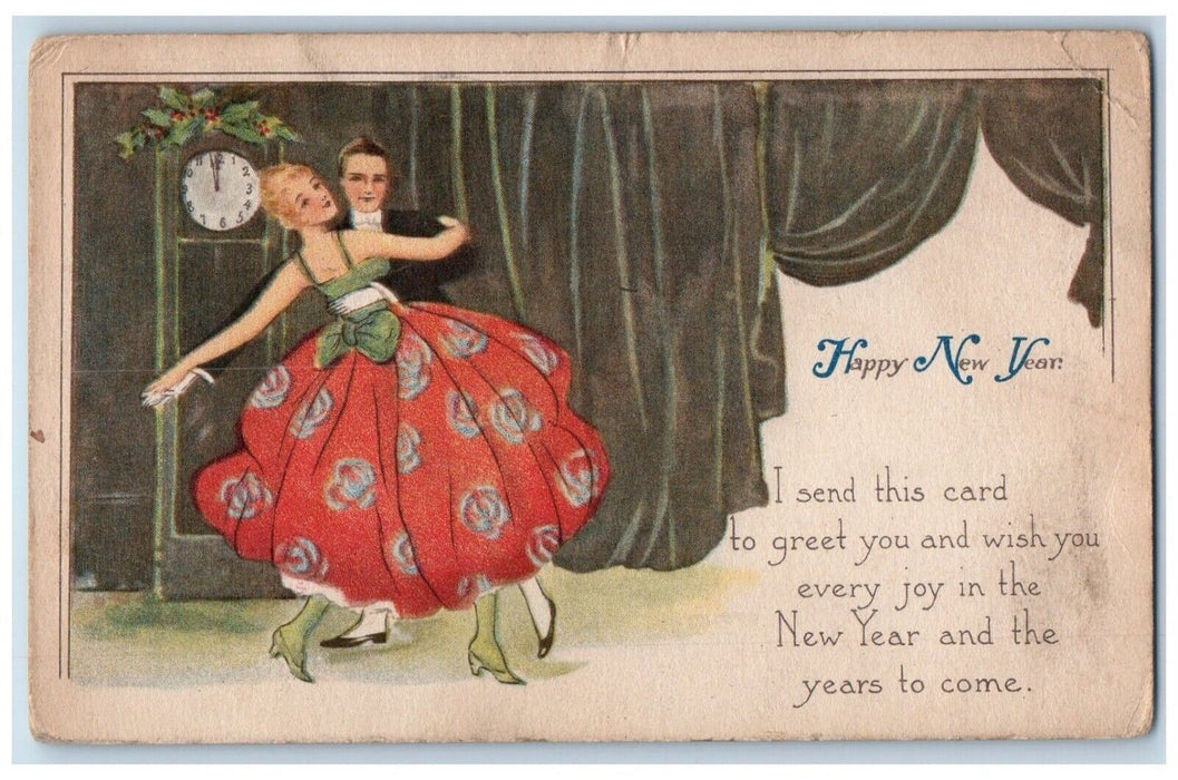 1917 New Year Couple Dancing Romance Holly Berries Clock Antique Posted Postcard
