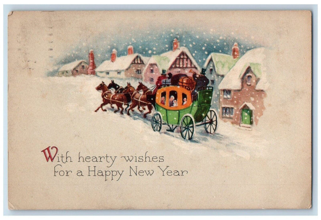 1924 New Year Santa Claus Horse Sack Of Toys Sleigh Snowfalls Antique Postcard