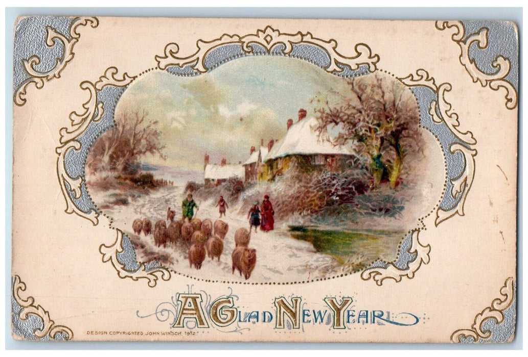 c1910's New Year People Lamb Winter Snow John Winsch Artist Signed Postcard