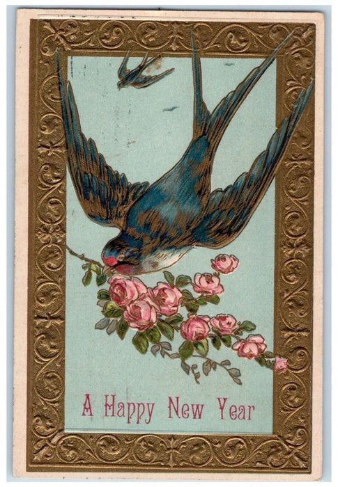 1909 New Year Bird Delivering Pink Roses Flowers Embossed Antique Postcard