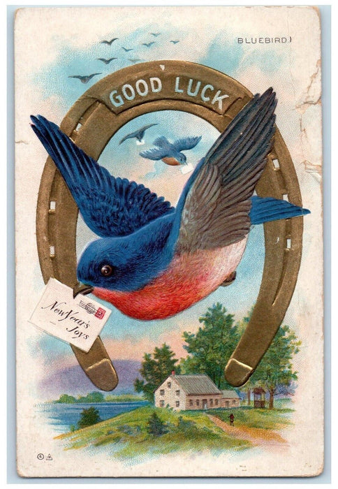 1912 New Year Good Luck Horsehoe Bird Letter Embossed Posted Antique Postcard