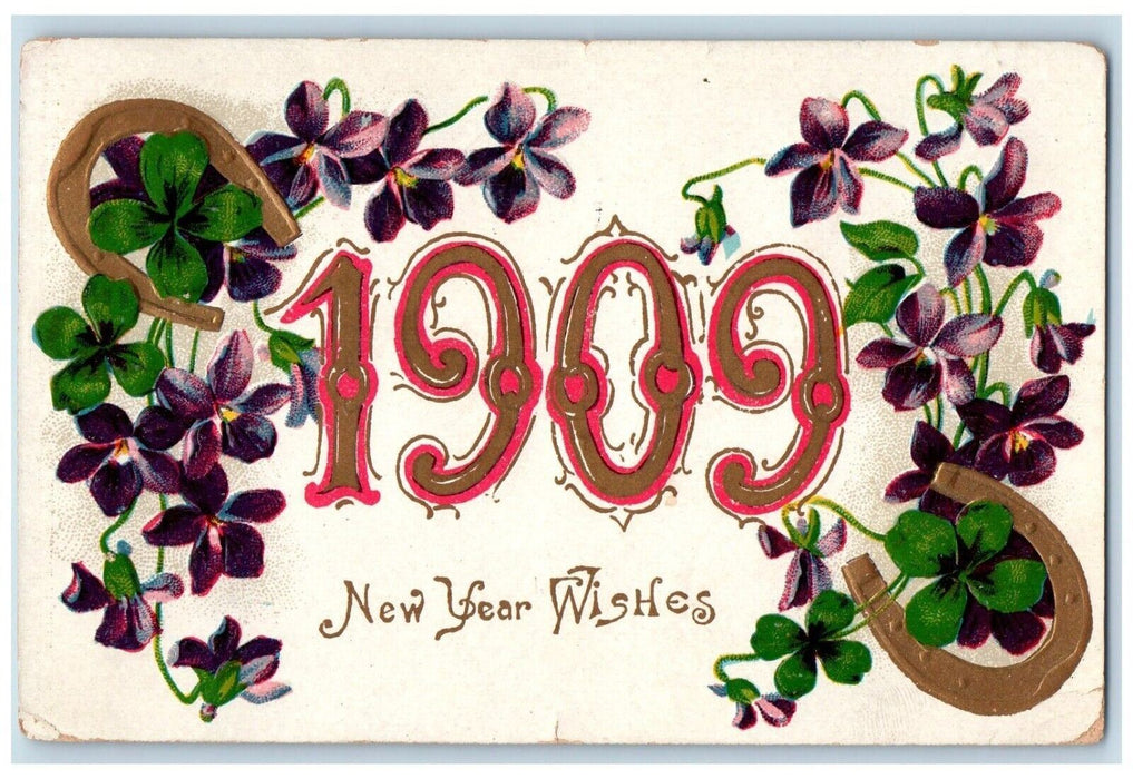 1909 New Year Horsehoe Large Numbers Pansies Flowers Embossed Antique Postcard
