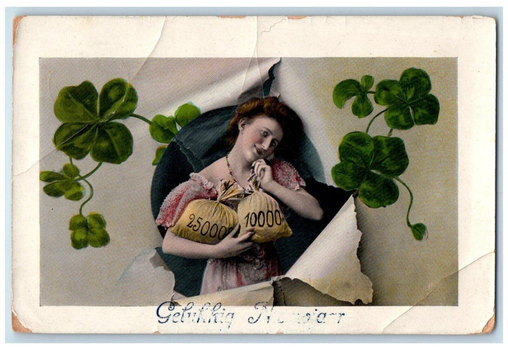 c1910's New Year Girl Goodluck And Sack Of Coins Shamrock Antique Postcard