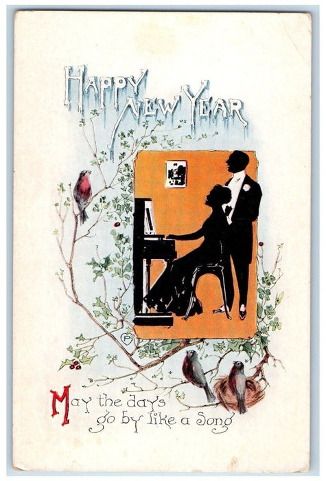 1913 New Year Couple Pianist Song Birds Holly Berries Madison WI Postcard