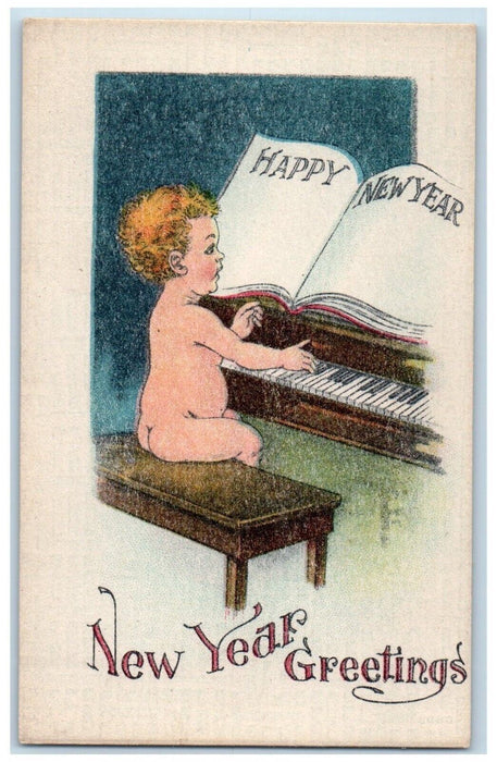 c1910's New Year Greetings Boy Bare Butt Playing Piano Unposted Antique Postcard