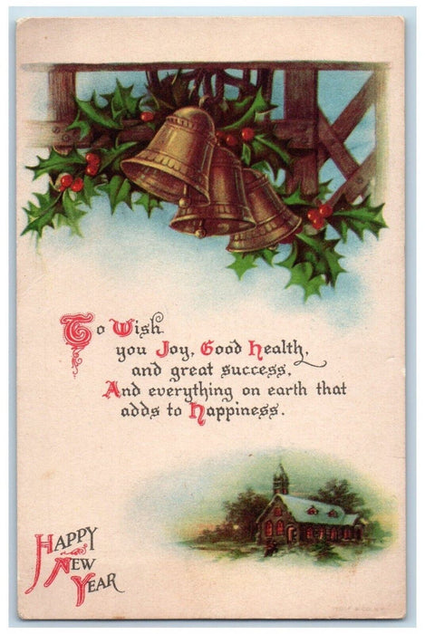 c1910's New Year Holly Berries Bells Church View Winter Snow Wolf Postcard