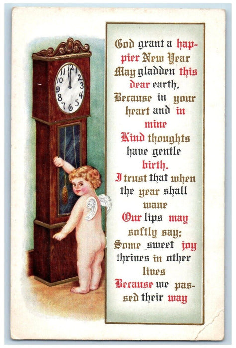 1913 New Year Poem Angel Bare Butt Ringing Clock Midnight Embossed Postcard