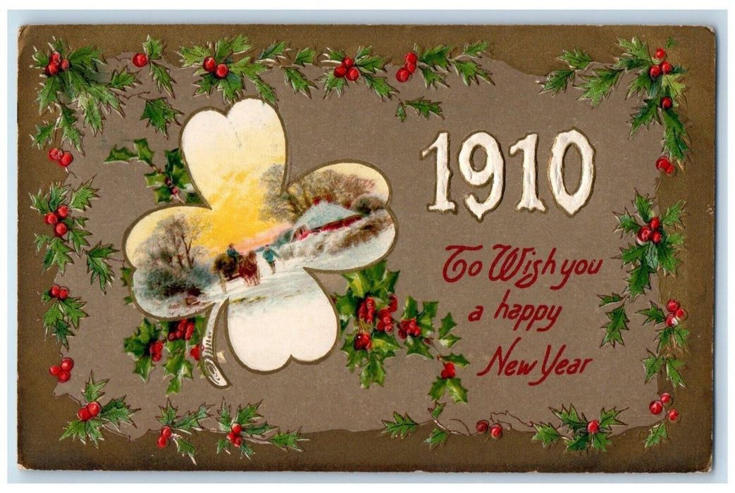 New Year Holly Berries Shamrock Horse Wagon Winsch Back Embossed Posted Postcard