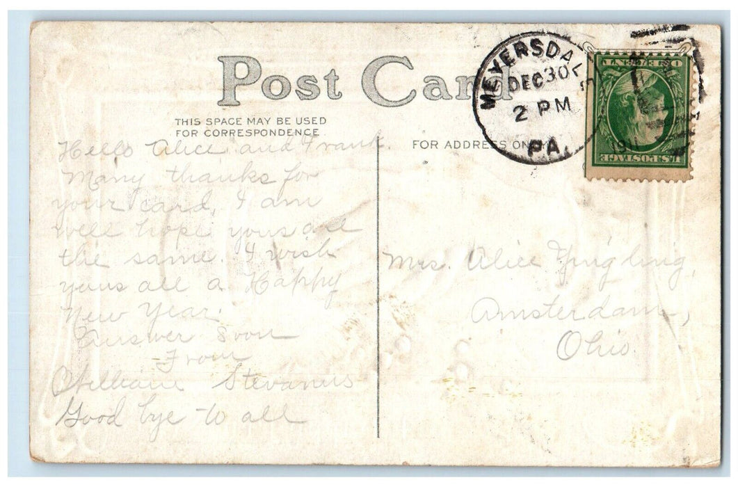 1911 New Year Holly Berries Handshake Meyersdale Pennsylvania PA Postcard