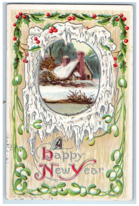 1914 New Year Motto Qoutes Holly House Winter Snow Summit Point WV Postcard
