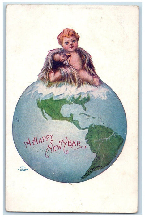 1908 New Year Globe Map Little Boy Hourglass Rippon WV Antique Posted Postcard