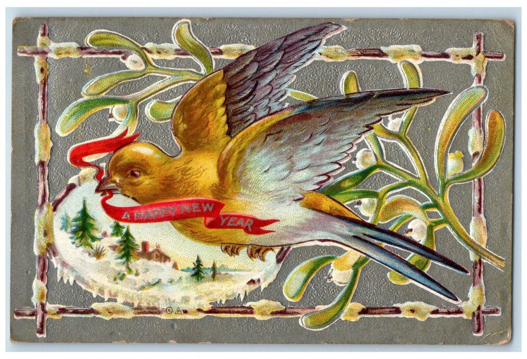 1912 Happy New Year Bird Holly Pine Trees Winter Snow Embossed Nash Postcard