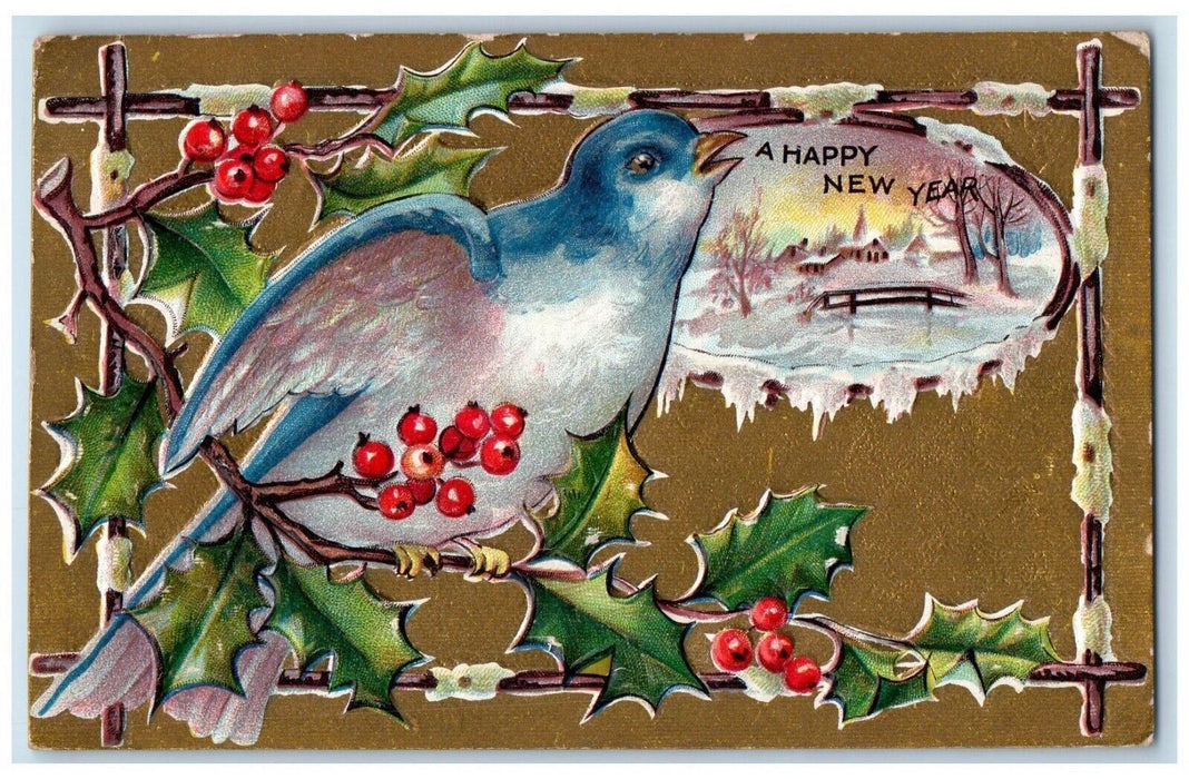 1910 New Year Song Bird Holly Berries Winter Snow Embossed Antique Nash Postcard