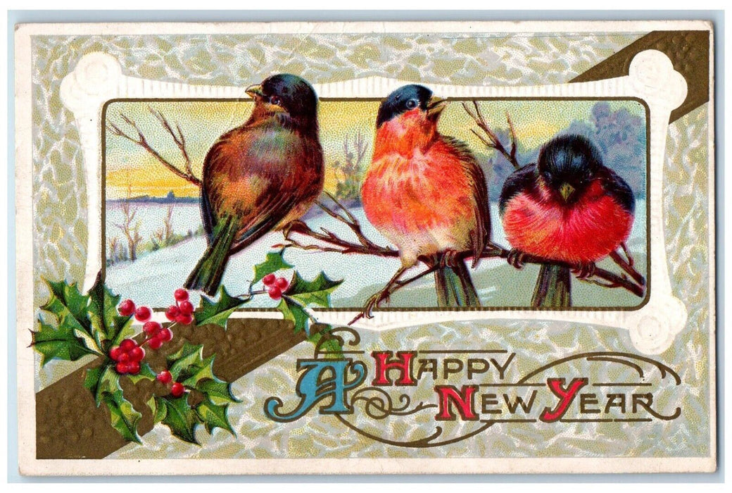 c1910's New Year Song Birds Holly Berries Winter Snow Embossed Antique Postcard