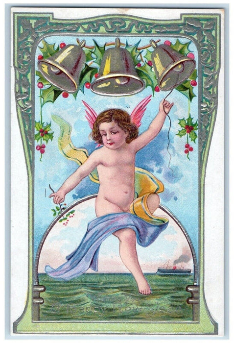 c1910's New Year Holly Berries Angel Berries Embossed Antique Nash Postcard