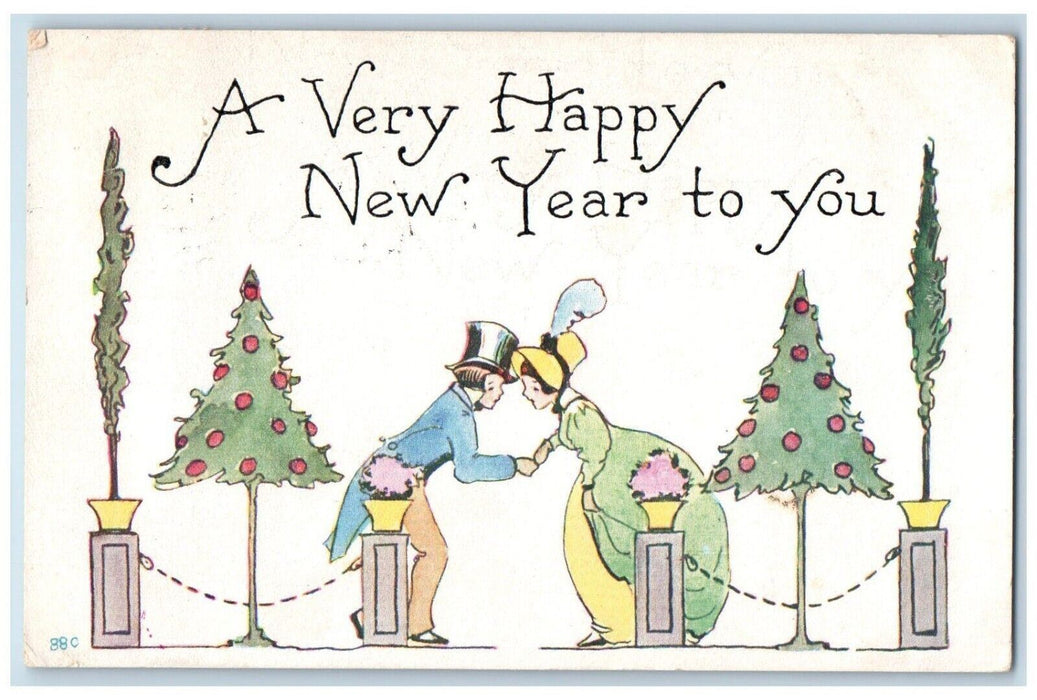 1912 New Year Christmas Tree Couple Formal Dress Flowers Antique Postcard