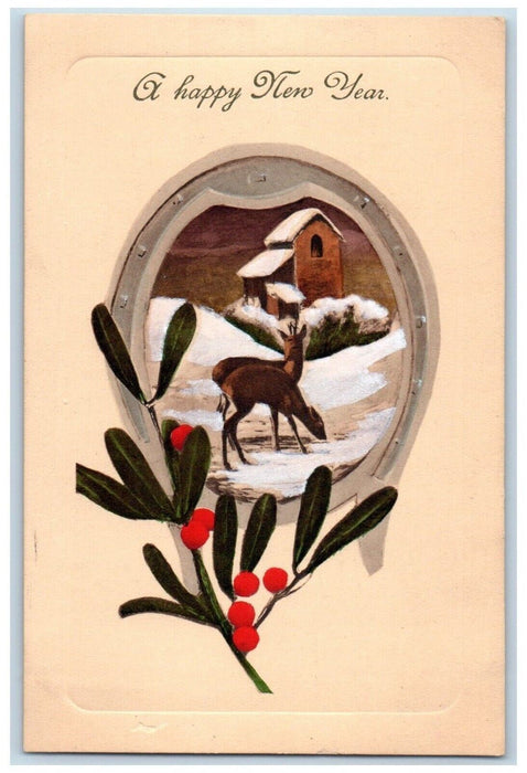 1915 Happy New Year Holly Berries Deer Winter Snow Posted Antique Postcard