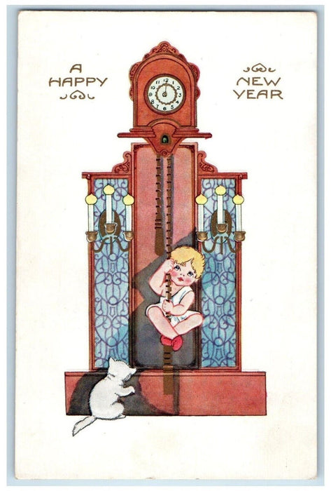 1925 Happy New Year Little Boy Ringing Grandfather Clock Cat Embossed Postcard