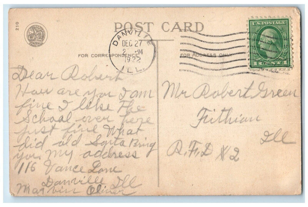 1922 New Year Greetings Poinsettia House River Wolf  Danville IL Posted Postcard