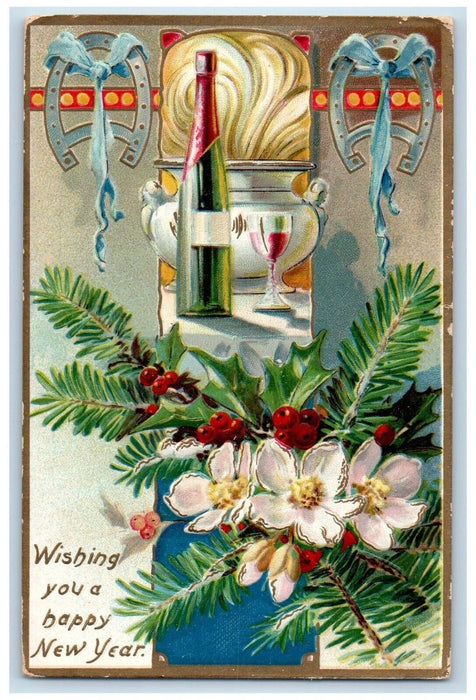 c1910's New Year Horseshoe Champagne Holly Berries Embossed Tuck's Postcard