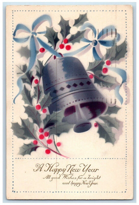 1922 New Year Holly Berries Ringing Bell Ribbon Handcolored Vintage Postcard