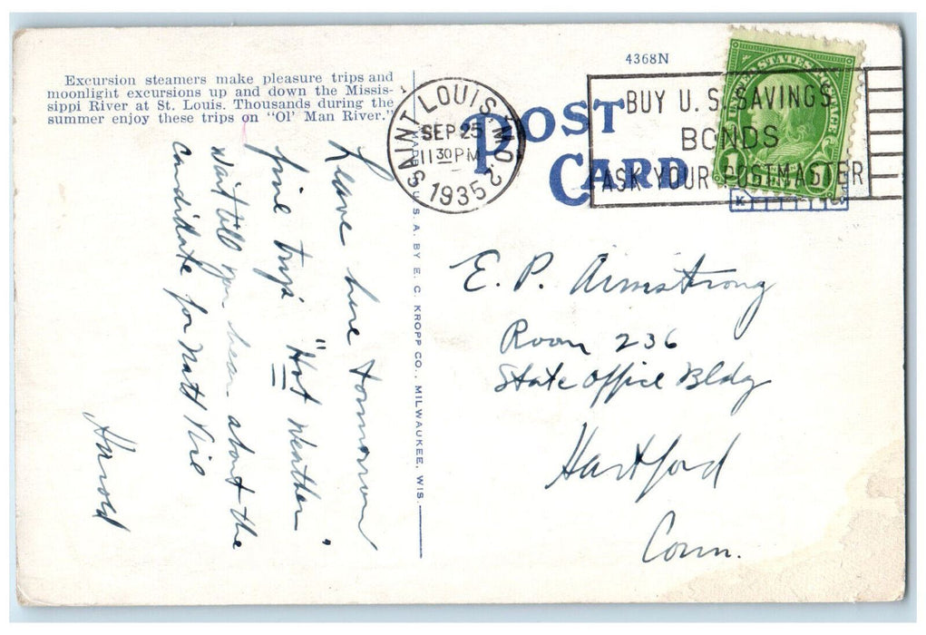 1935 JS De Luxe Excursion Steamers Bridge St. Louis Missouri MO Vintage Postcard