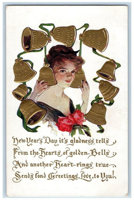 1912 New Year Girl Gold Bells Embossed Princeton Illinois IL Antique Postcard