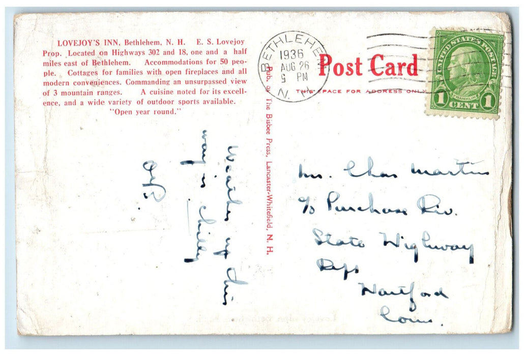 1936 Lovejoy's Inn Betlehem New Hampshire NH Posted Vintage Postcard