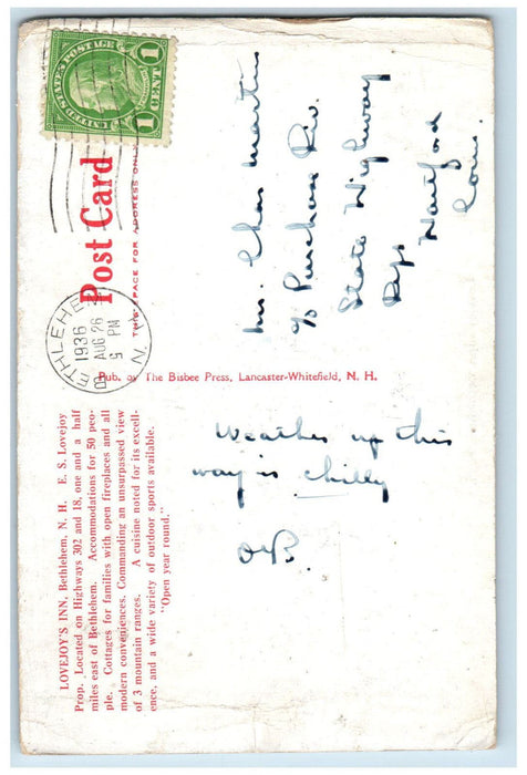 1936 Lovejoy's Inn Betlehem New Hampshire NH Posted Vintage Postcard